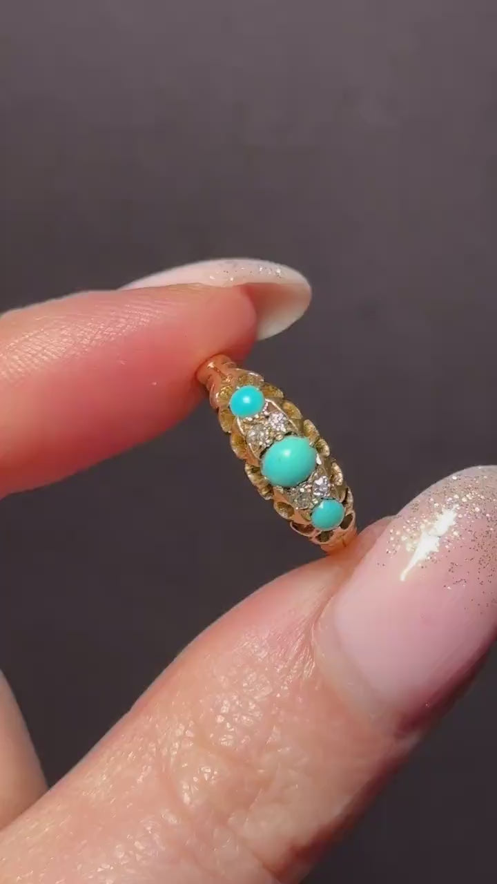 Antique Turquoise and Diamond Scroll Boat 18ct Gold Ring | Dated 1900