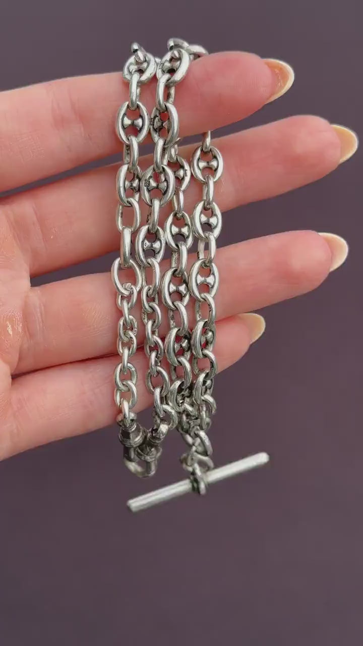 Antique 16.25" Sterling Silver Mariner Anchor Link Watch Chain Necklace