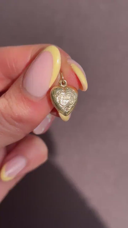 Vintage 9ct Gold Engraved Puffy Heart Pendant | Dated 1965
