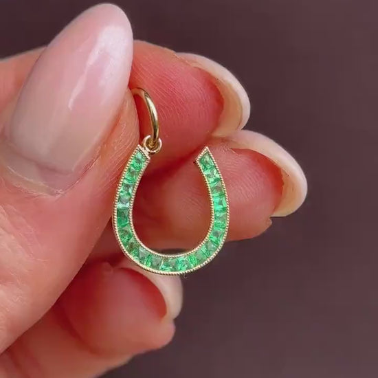 0.35ct French Cut Emerald Horseshoe 18ct Gold Charm Pendant