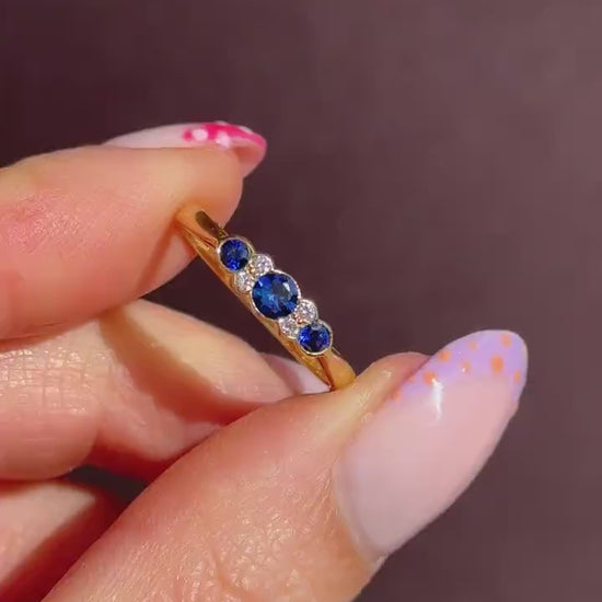 Vintage Blue Sapphire and Diamond Three Stone 18ct Gold Ring