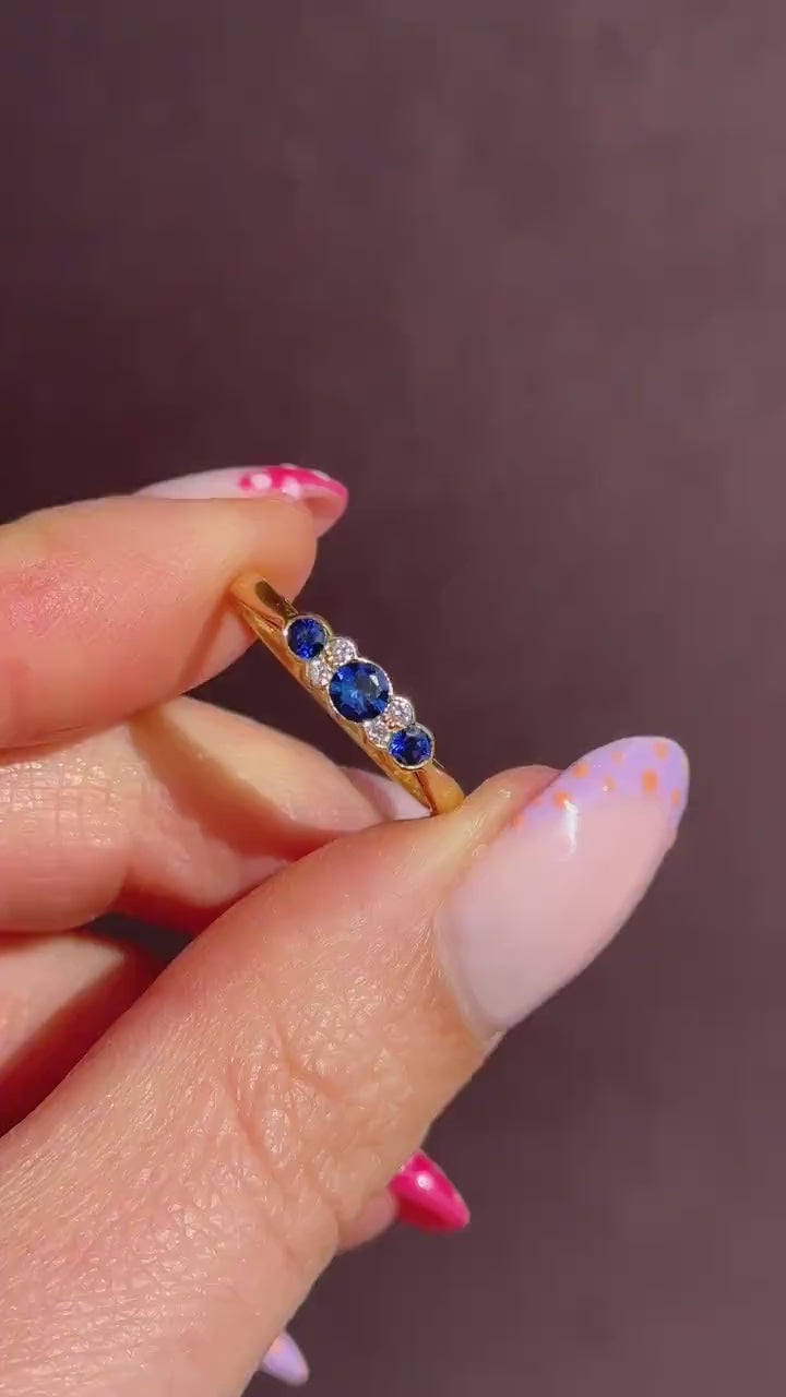 Vintage Blue Sapphire and Diamond Three Stone 18ct Gold Ring