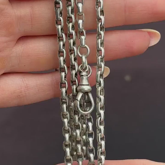 Antique Victorian Silver Long Guard Chain Necklace with Dog Clip | 60" Length