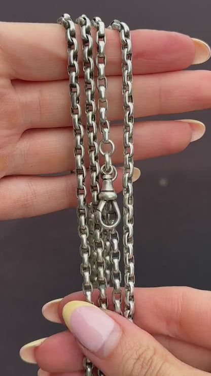 Antique Victorian Silver Long Guard Chain Necklace with Dog Clip | 60" Length