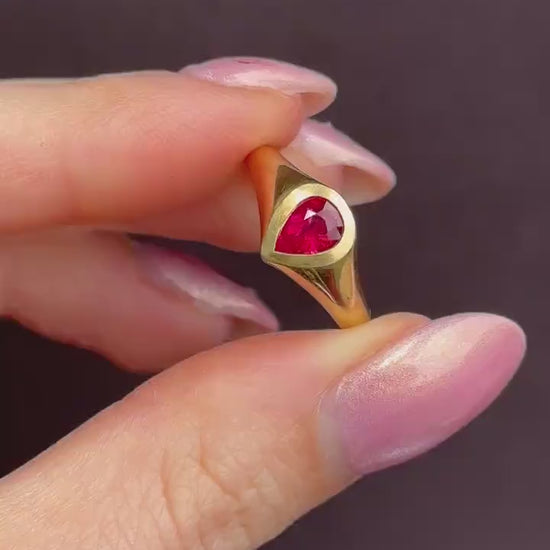 1.1ct Pear Cut Natural Ruby Solitaire 18ct Gold Signet Gypsy Ring