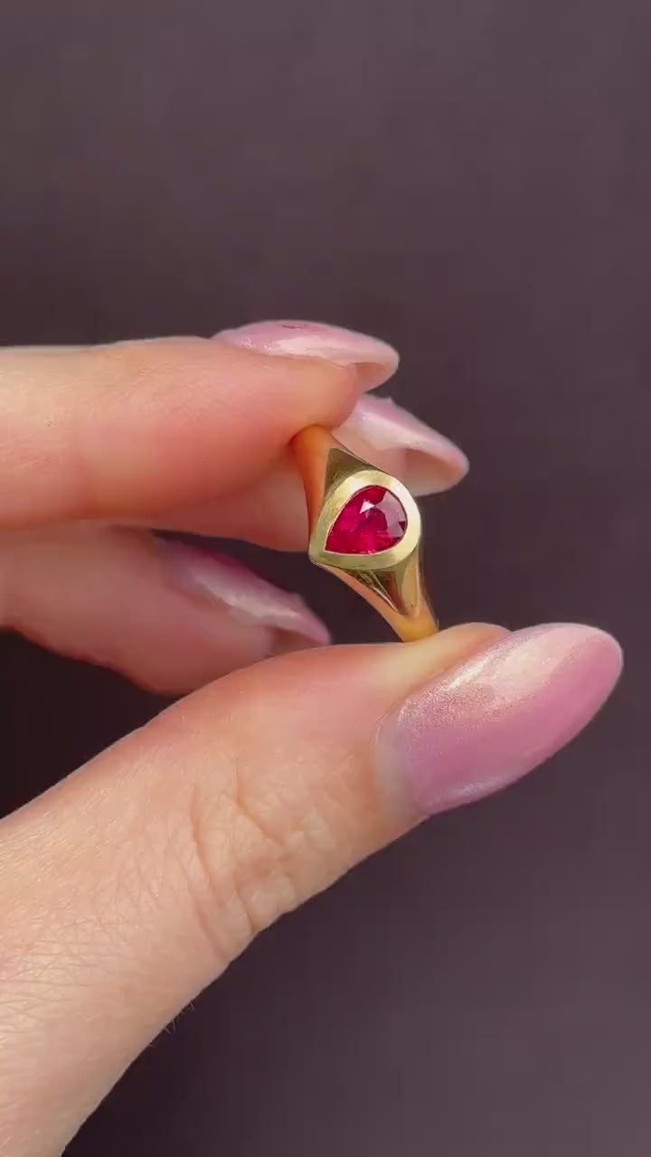 1.1ct Pear Cut Natural Ruby Solitaire 18ct Gold Signet Gypsy Ring