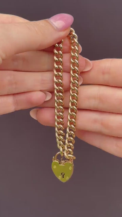 Antique Heart Padlock Curb 9ct Gold Bracelet | 7.5"