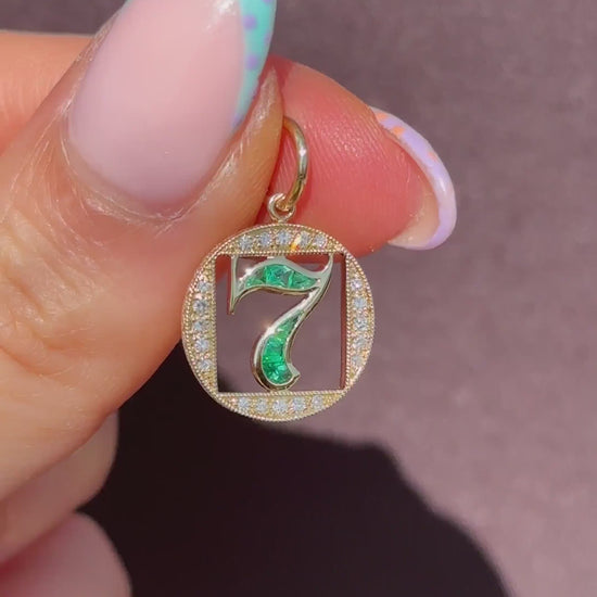 Diamond and Emerald Number Seven 'Lucky 7' 18ct Gold Charm Pendant