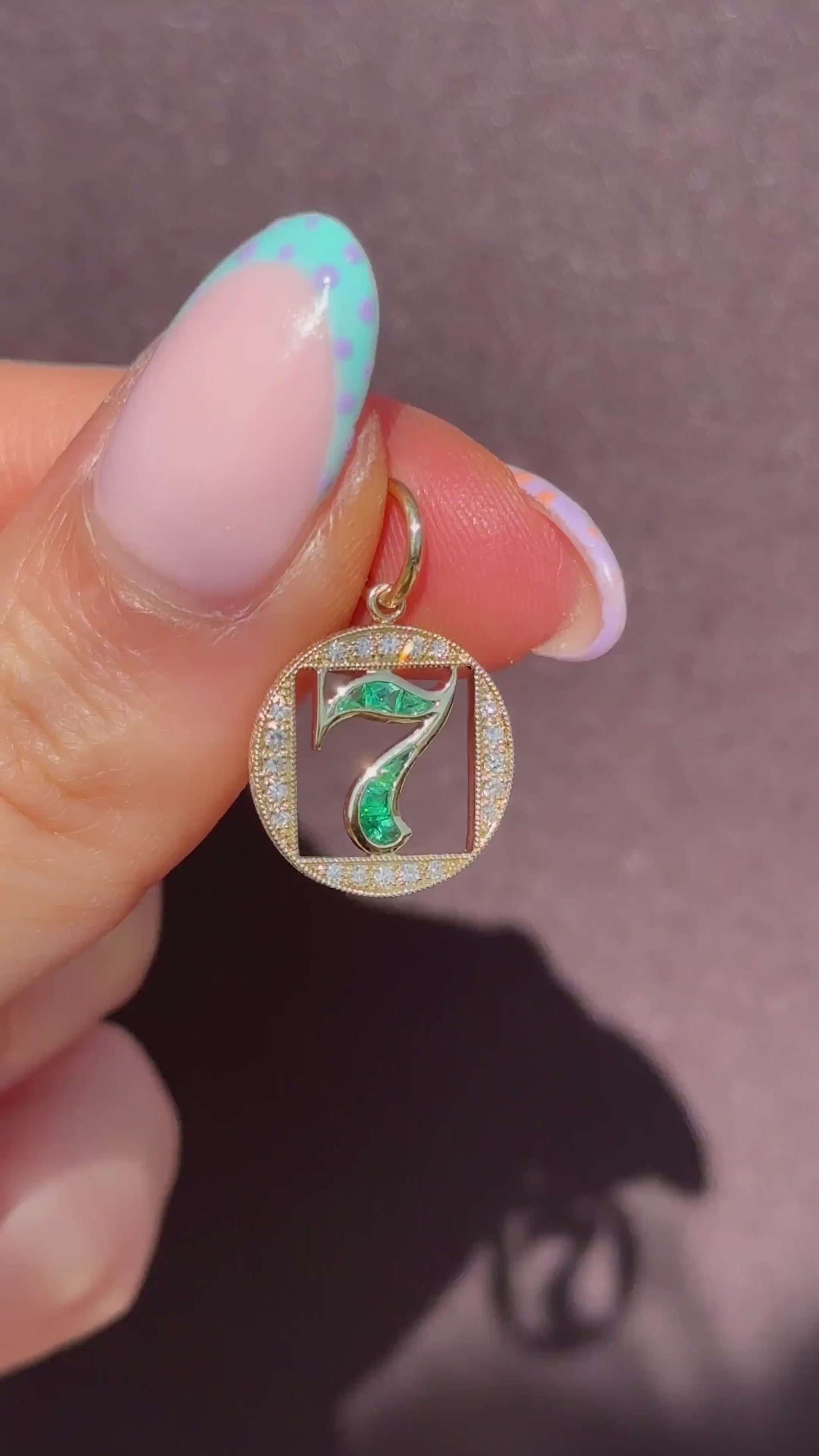 Diamond and Emerald Number Seven 'Lucky 7' 18ct Gold Charm Pendant