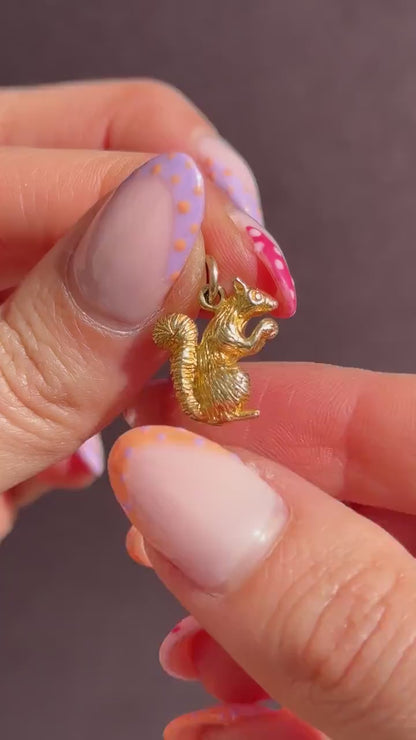 Vintage Heavy Solid Yellow Gold Squirrel Animal Charm Pendant