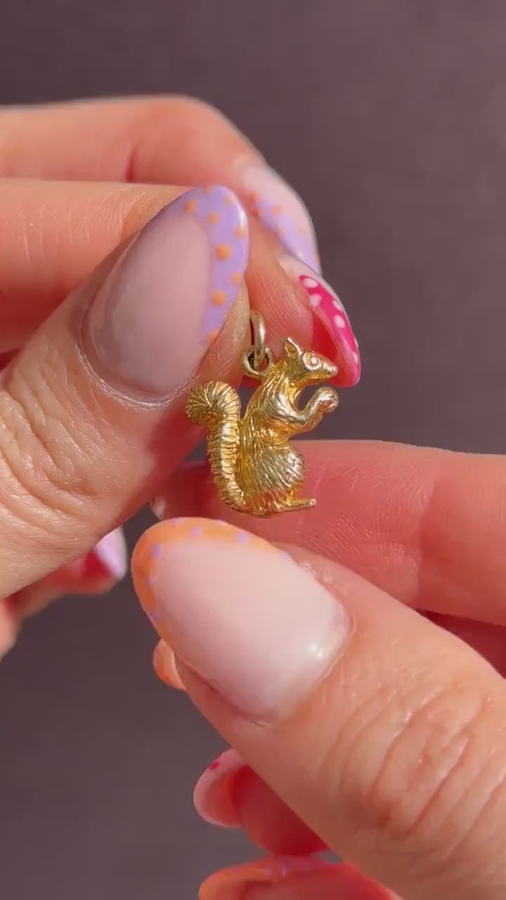 Vintage Heavy Solid Yellow Gold Squirrel Animal Charm Pendant