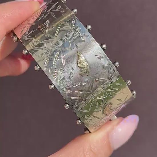 Antique Victorian Studded Silver and Gold Bird Bamboo Cuff Bangle Bracelet