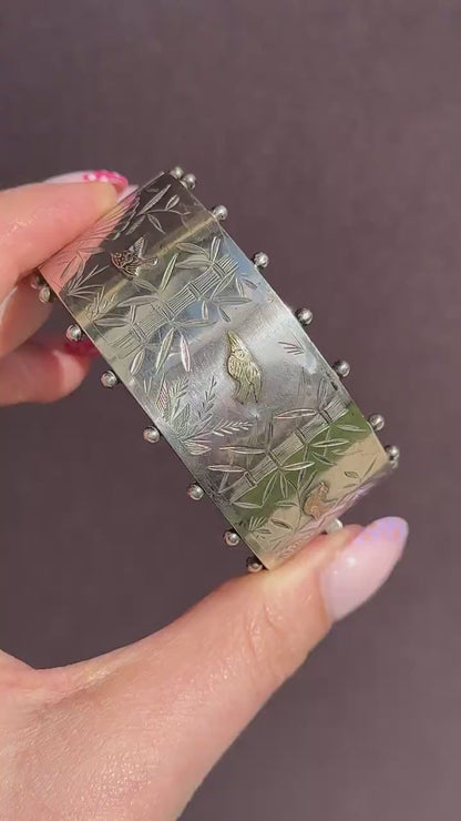 Antique Victorian Studded Silver and Gold Bird Bamboo Cuff Bangle Bracelet