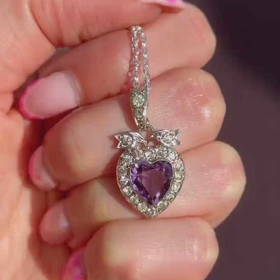 Antique Amethyst Old Cut Paste Silver Heart Pendant Necklace | 18"