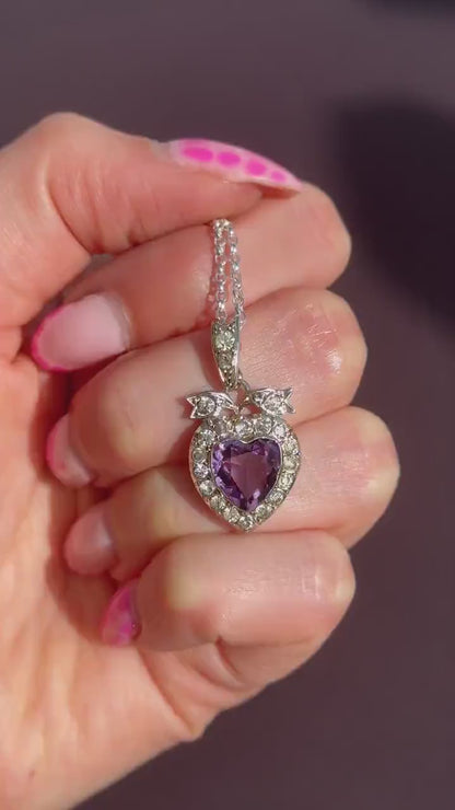 Antique Amethyst Old Cut Paste Silver Heart Pendant Necklace | 18"