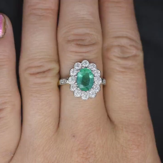Emerald and Diamond Oval Cluster Halo 18ct 18K Yellow Gold and Platinum Ring | Antique Style