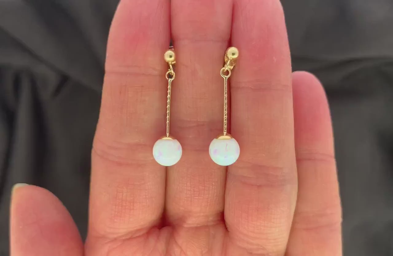 Opal Sphere Ball Drop 9ct Gold Drop Dangle Earrings | Art Deco Style