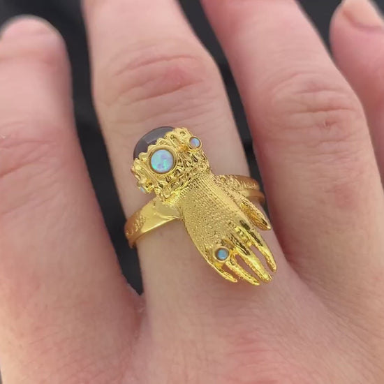 Opal and Garnet Gloved Hand Figa 18ct 18K Yellow Gold on Silver Ring | Antique Georgian Style