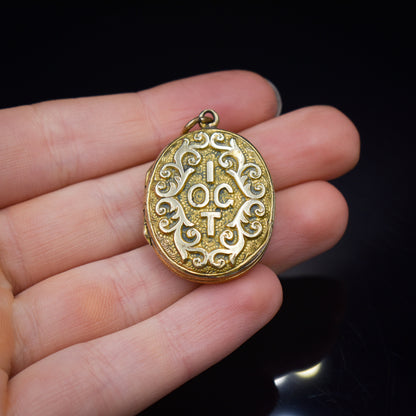 Antique 'IOGT'  Rolled Gold Double Sided Engraved Oval Photo Locket Pendant | International Organisation of Good Templars