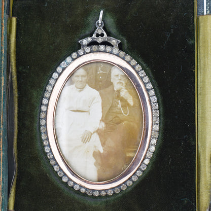 Antique Edwardian Paste Large Silver and Rose Gold Oval Locket Pendant in Box / Boxed | C.1900
