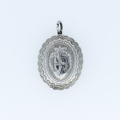 Antique Sterling Silver Oval Floral Engraved Photo Locket Pendant | M.A.W