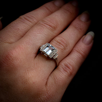 Emerald Cut 1.4ct Aquamarine and Diamond Platinum Ring | Art Deco Style