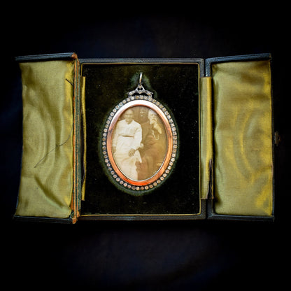 Antique Edwardian Paste Large Silver and Rose Gold Oval Locket Pendant in Box / Boxed | C.1900