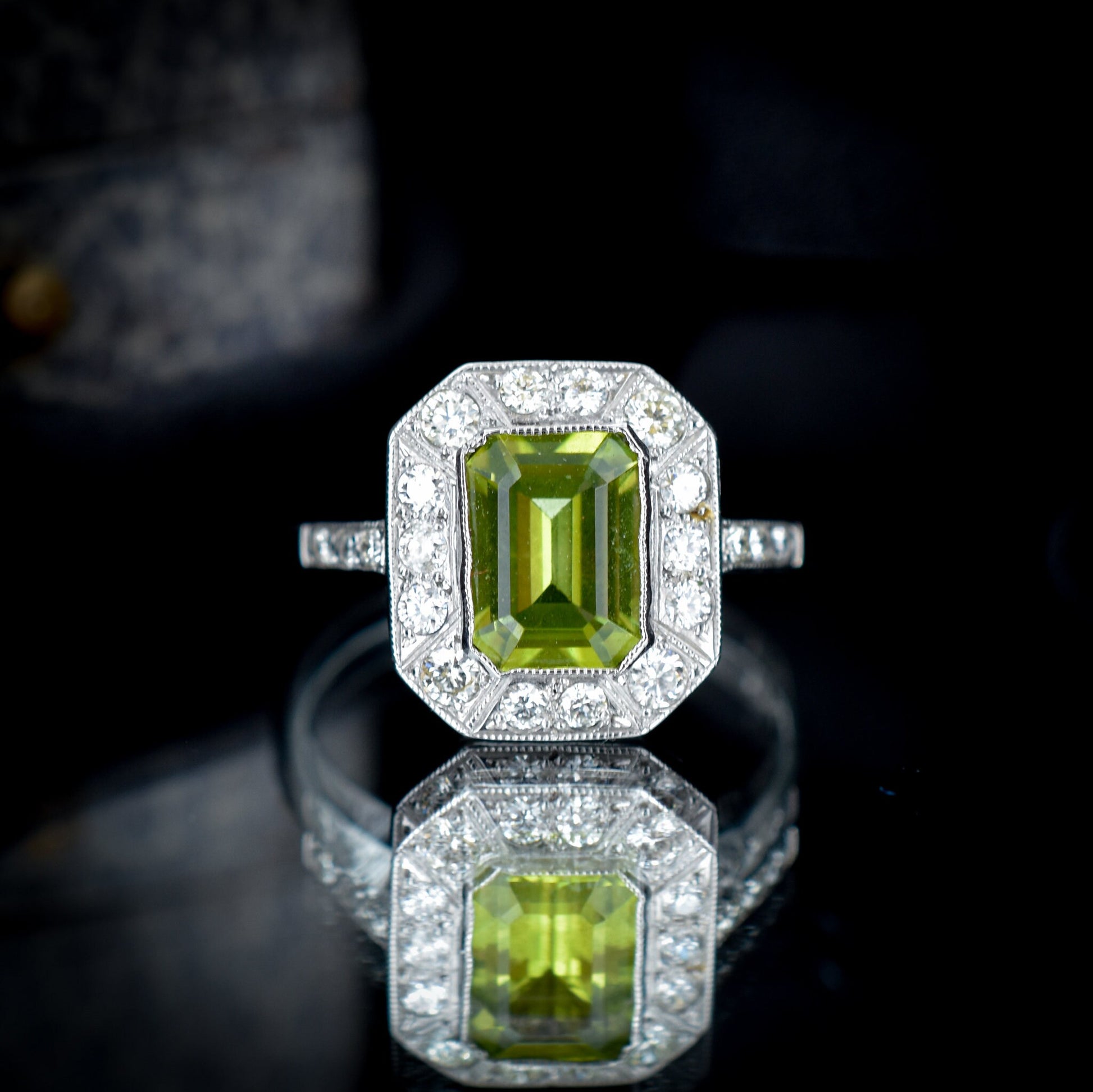 Peridot and Diamond Halo Art Deco Style Platinum Ring