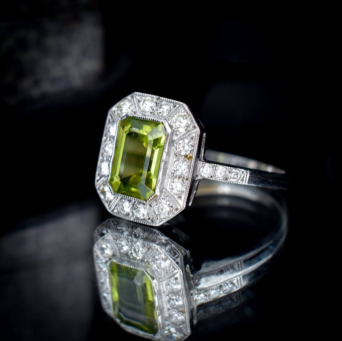 Peridot and Diamond Halo Art Deco Style Platinum Ring