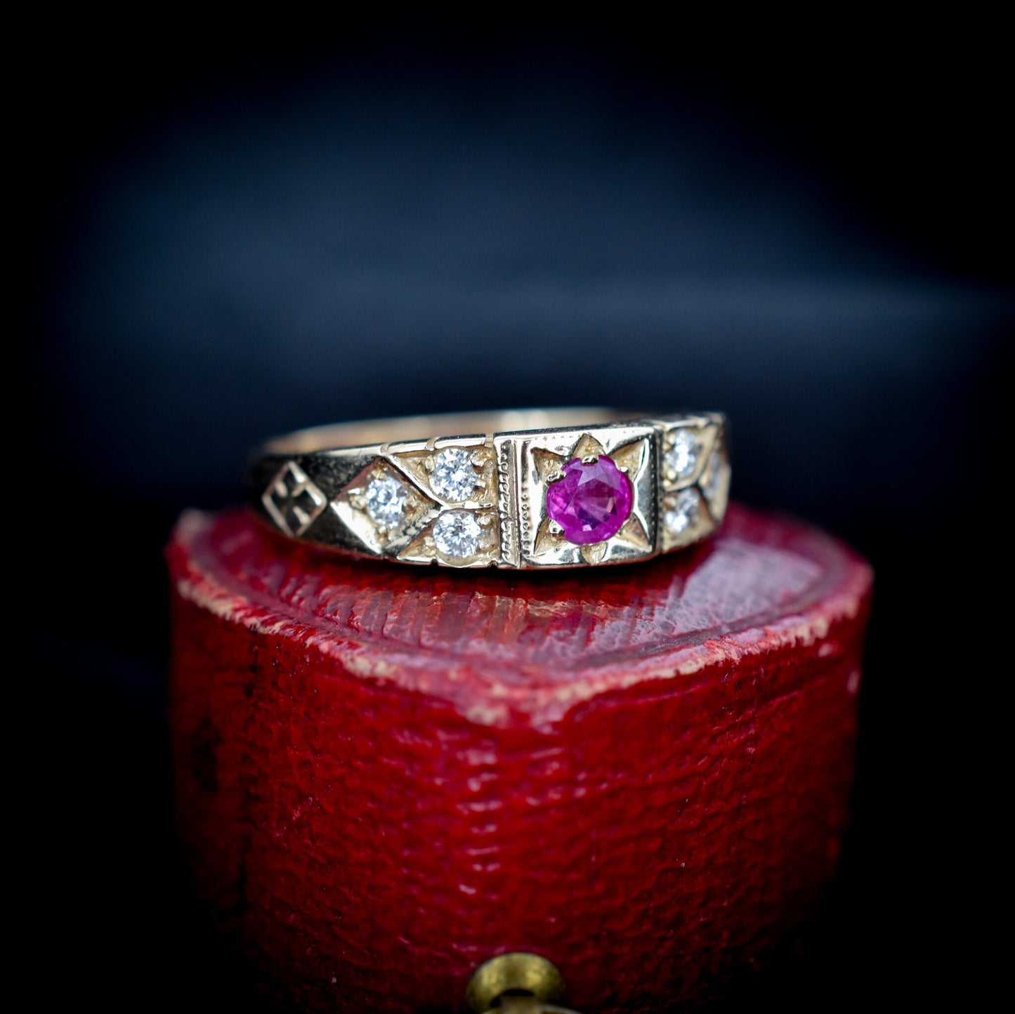 Diamond and Ruby 9ct 9K Yellow Gold Ring Band - Antique Vintage Style