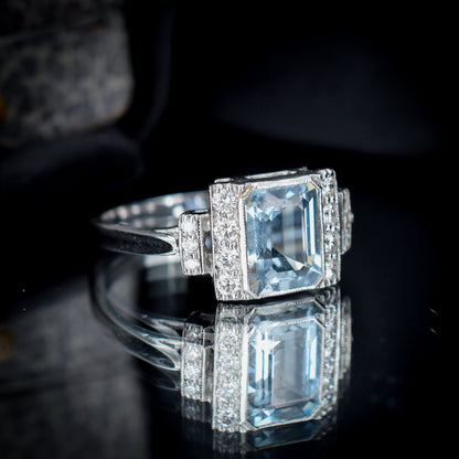 Emerald Cut 1.4ct Aquamarine and Diamond Platinum Ring | Art Deco Style