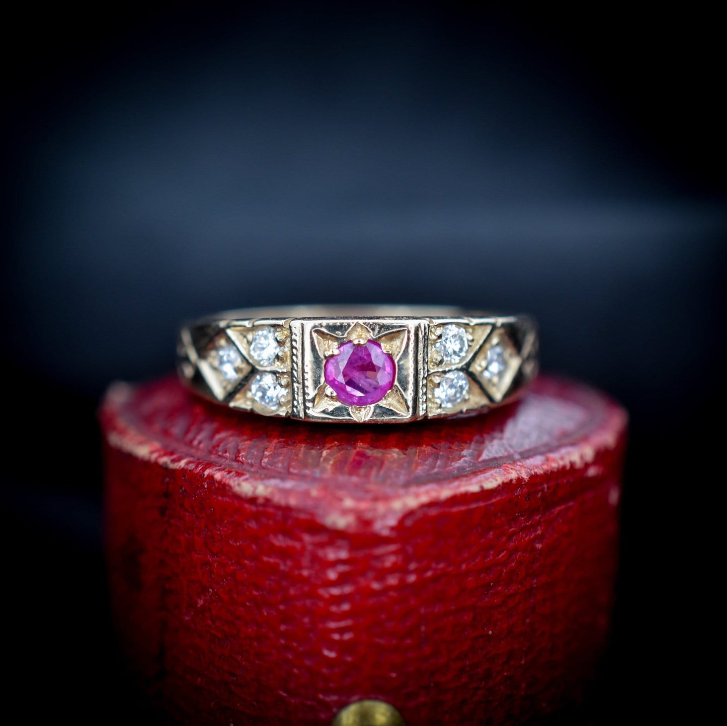 Diamond and Ruby 9ct 9K Yellow Gold Ring Band - Antique Vintage Style