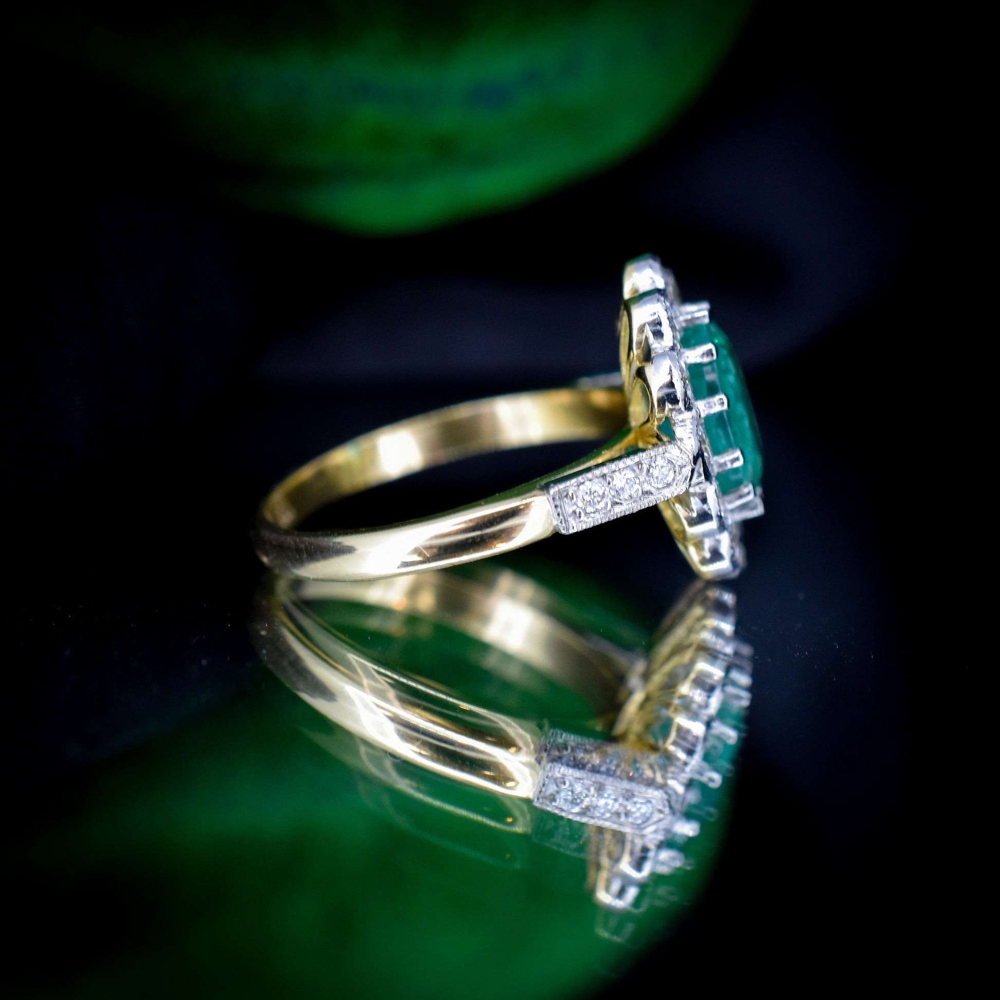 Emerald and Diamond Oval Cluster Halo 18ct 18K Yellow Gold and Platinum Ring | Antique Style