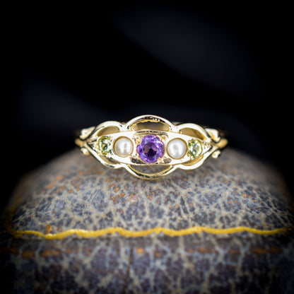 Amethyst Peridot and Pearl 9ct 9K Yellow Gold Band Ring | Antique Suffragette Style