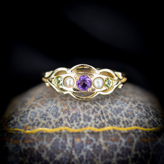 Amethyst Peridot and Pearl 9ct 9K Yellow Gold Band Ring | Antique Suffragette Style