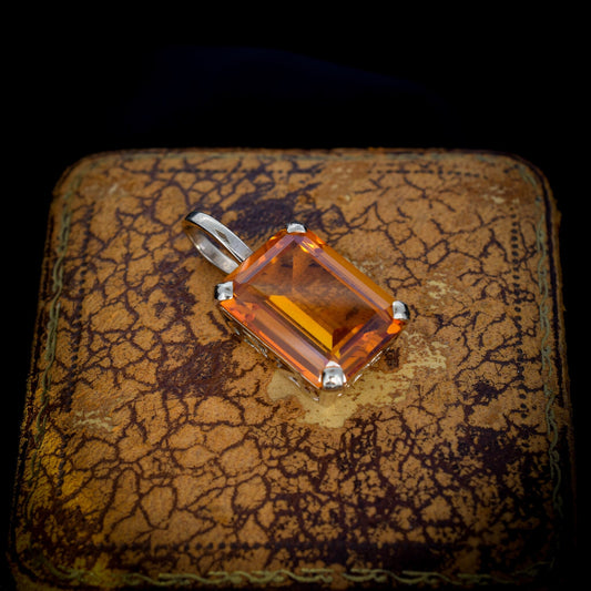 Vintage Synthetic Orange Sapphire 9ct 9K Yellow Gold Emerald Cut Drop Pendant