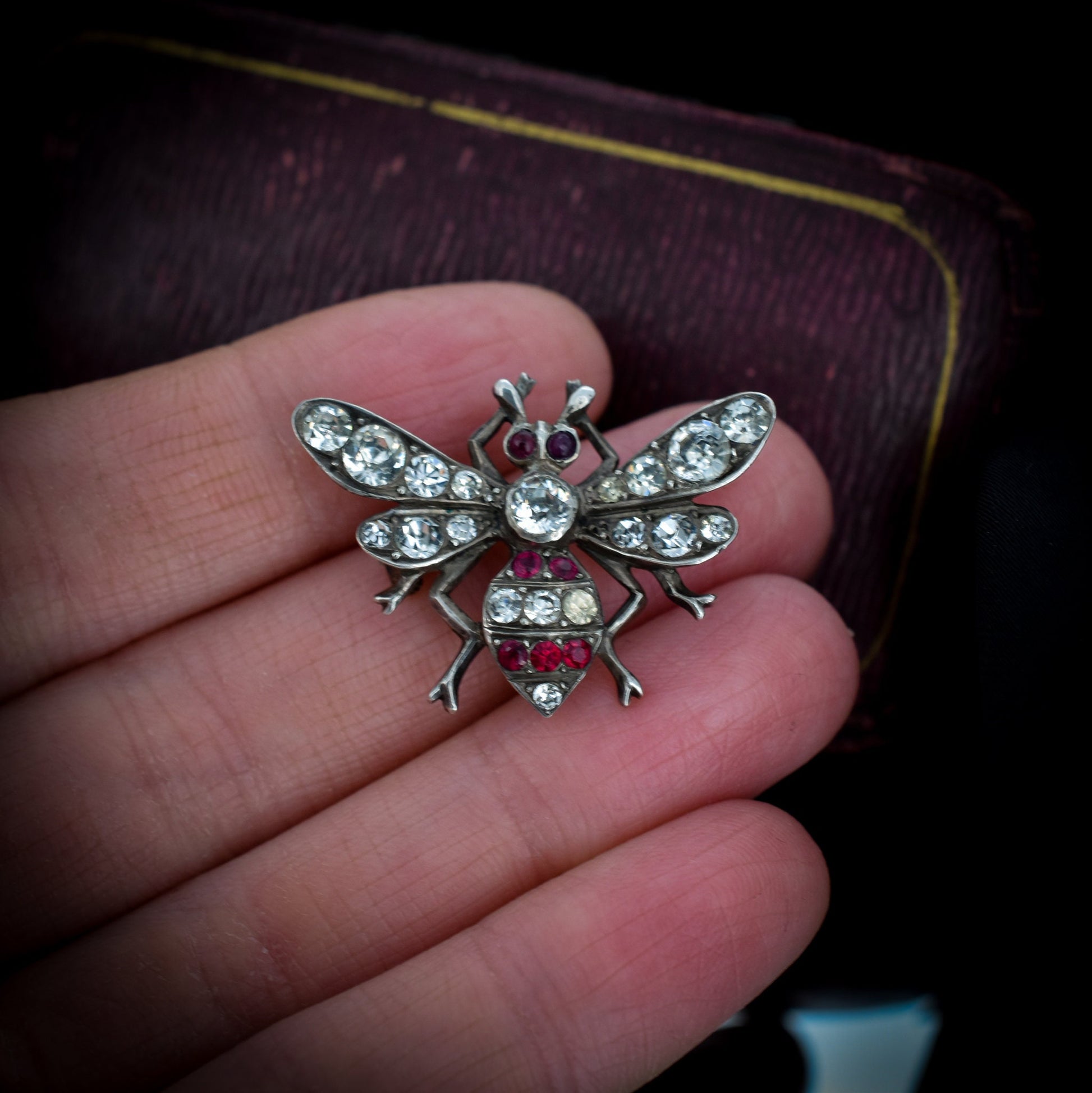 Antique Paste Sterling Silver Butterfly Insect Bug Brooch Pin | Victorian C.1890