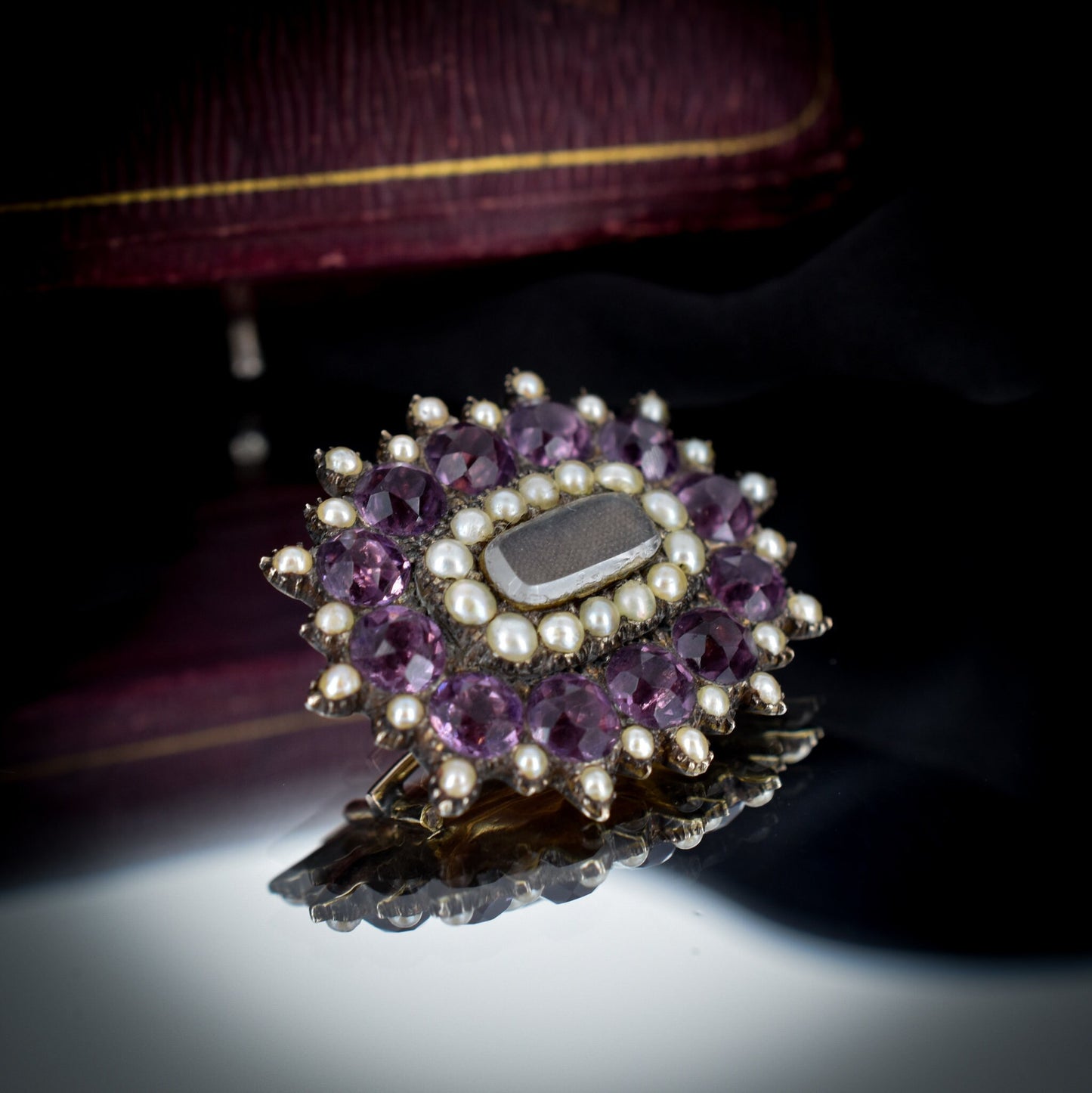 Antique Amethyst Paste and Pearl 9ct 9K Yellow Gold Hair Mourning Brooch Pin | Georgian Victorian