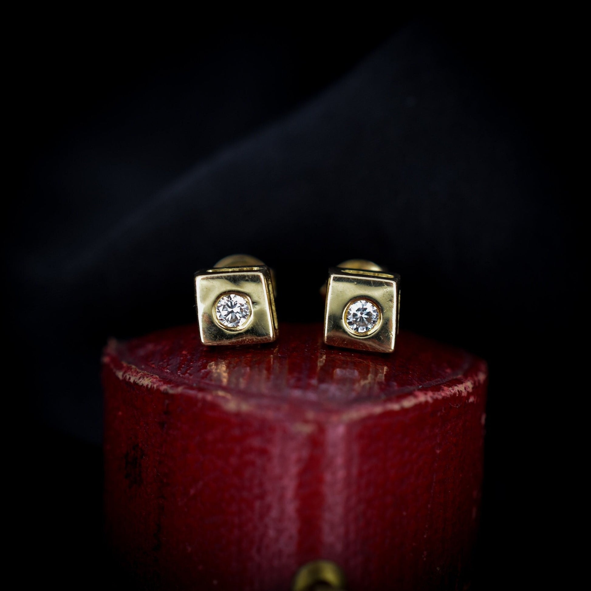 Vintage 0.15ct Diamond 18ct 18K Yellow Gold Square Stud Earrings - Studs
