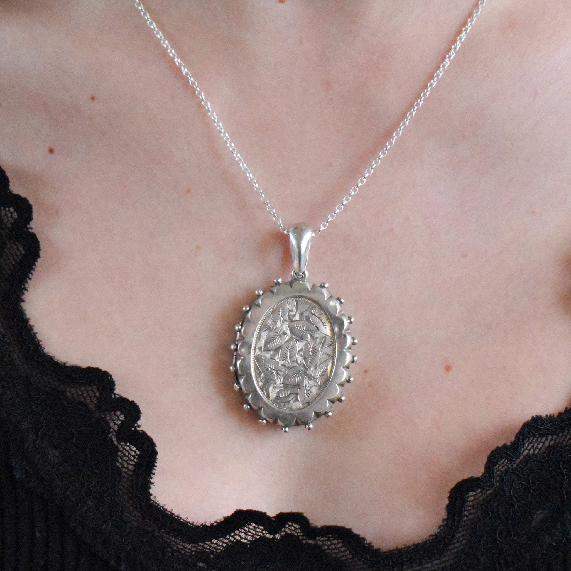 Antique Aesthetic Engraved Large Sterling Silver Oval Ivy Studded Locket Pendant | Victorian 1881