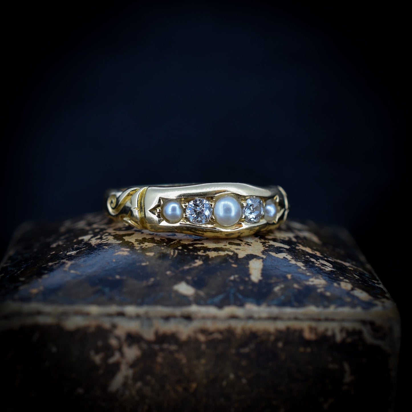 Antique Victorian Pearl and Diamond 18ct 18K Yellow Gold Gypsy Ring Band | Dated 1898