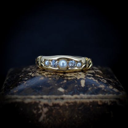 Antique Victorian Pearl and Diamond 18ct 18K Yellow Gold Gypsy Ring Band | Dated 1898