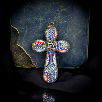 Antique Victorian Micro Mosaic ROMA Cross Pendant