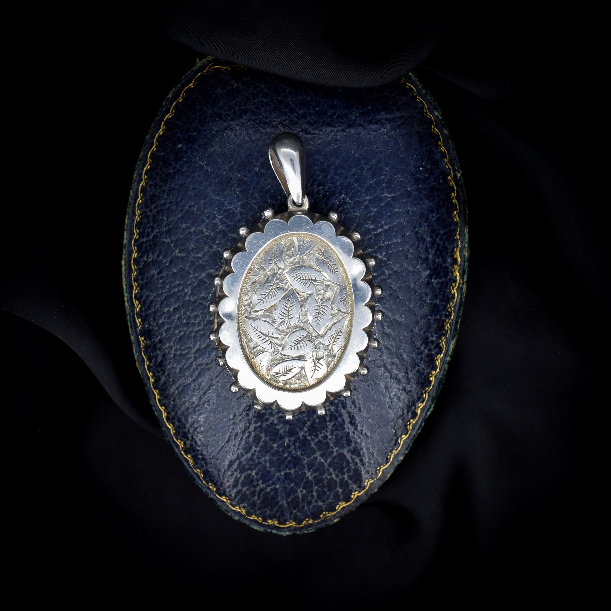 Antique Aesthetic Engraved Large Sterling Silver Oval Ivy Studded Locket Pendant | Victorian 1881