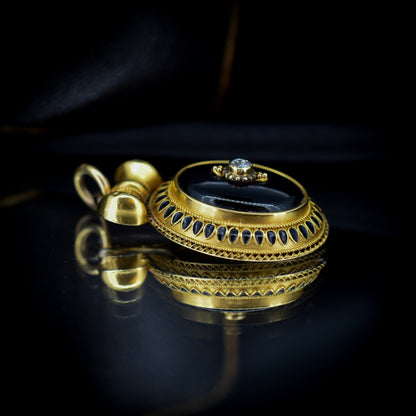 Antique Victorian Onyx Diamond Black Enamel 18ct Yellow Gold Pendant
