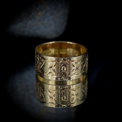 Antique Engraved Ivy Patterned 18ct 18K Yellow Gold Wide Wedding Band Ring | Chester 1880