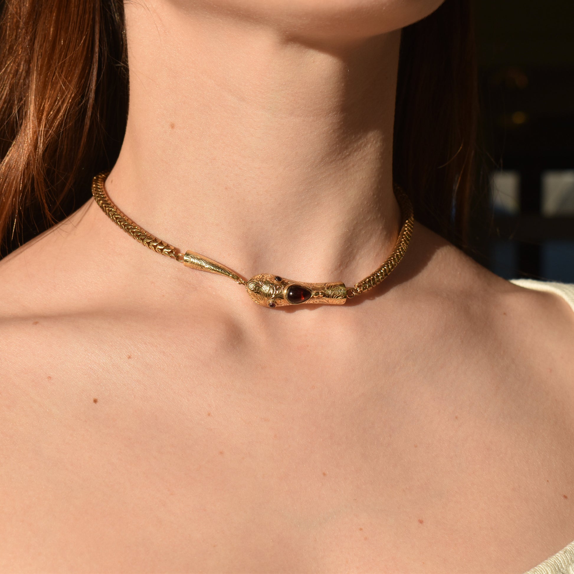 Antique Victorian Cabochon Garnet Yellow Gold Snake Serpent Necklace Collar | 14.5"