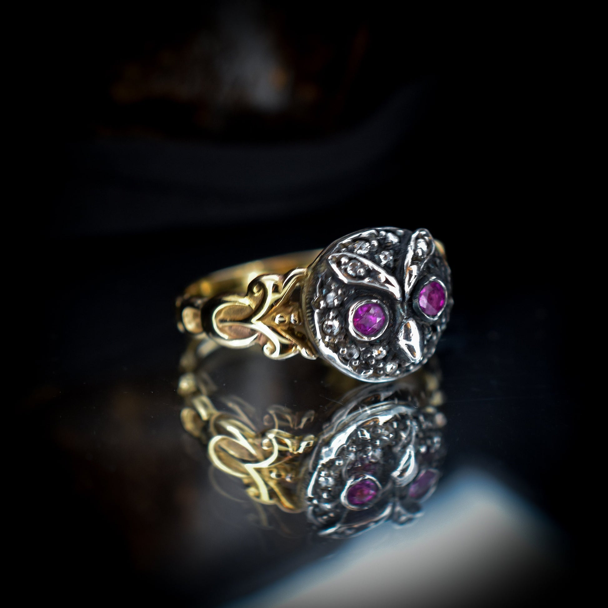 Rose Cut Diamond and Ruby Owl Bird 18ct 18K Yellow Gold and Silver Ring | Antique Style