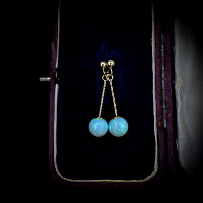 Opal Sphere Ball Drop 9ct Gold Drop Dangle Earrings | Art Deco Style