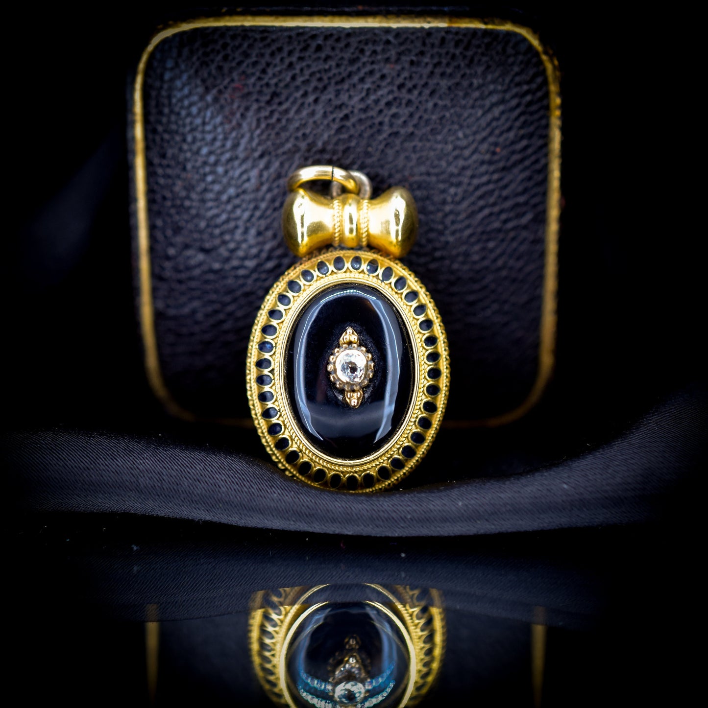 Antique Victorian Onyx Diamond Black Enamel 18ct Yellow Gold Pendant
